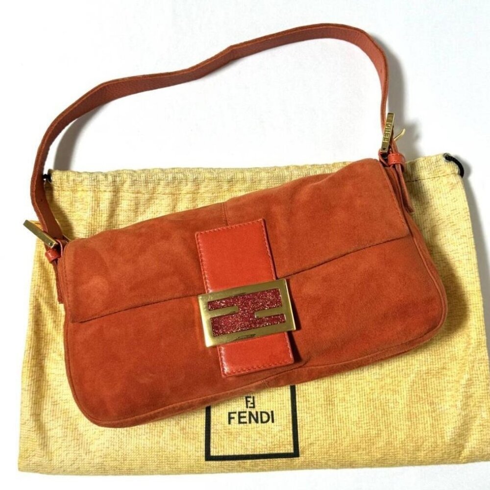 Authentic FENDI Mamma Baguette Orange Suede Gold Glitter Flap Shoulder Bag Purse - Picture 1 of 8